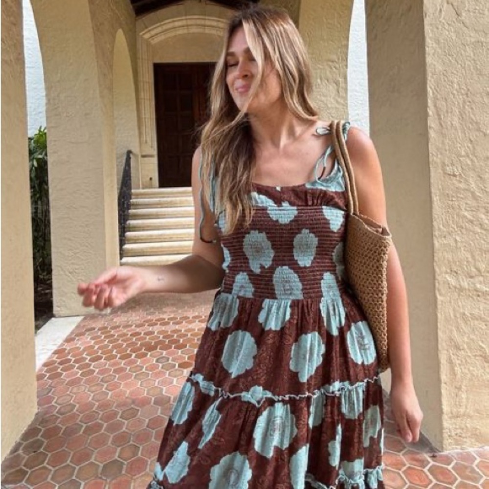 Free People Brown and Aqua Floral Tiered Midi Dress - Picture 2 of 8
